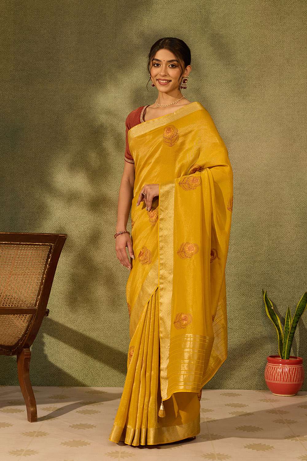 Yellow Viscose Tissue Embroidered Saree image number null