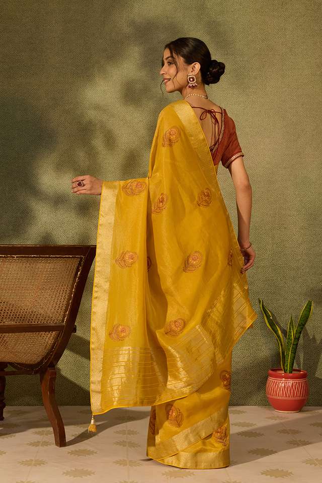Yellow Viscose Tissue Embroidered Saree thumbnail image number null