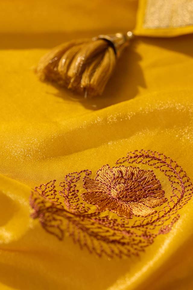 Yellow Viscose Tissue Embroidered Saree thumbnail image number null