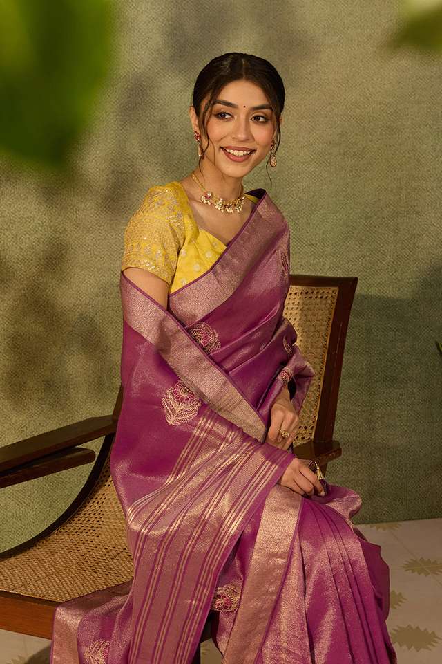 Purple Bengal Viscose Tissue Embroidered Saree image number