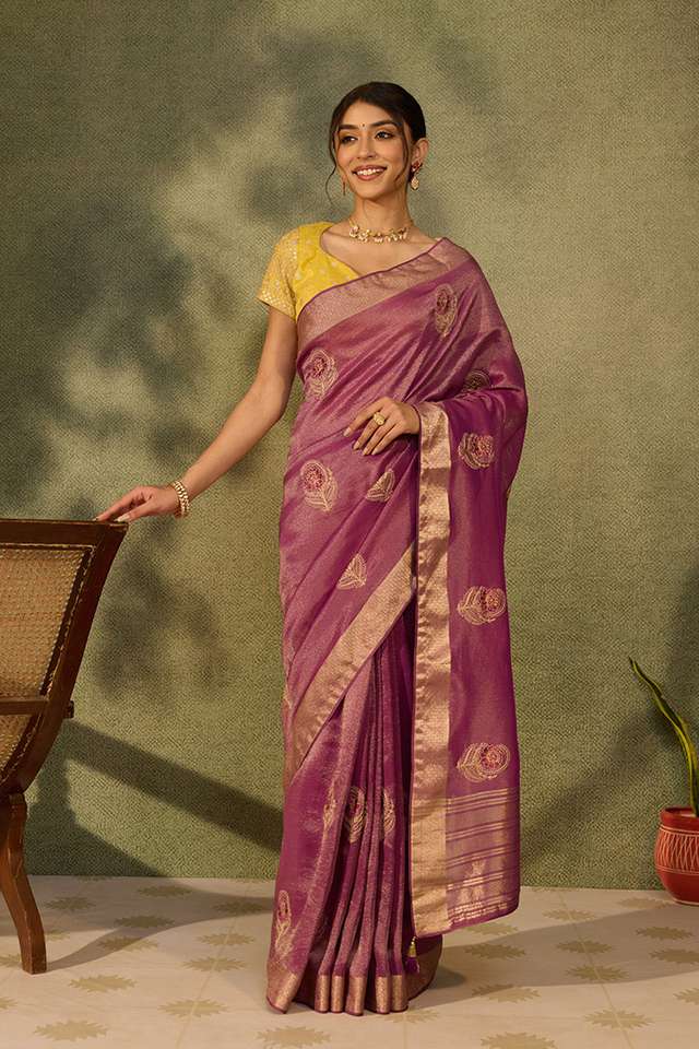 Purple Bengal Viscose Tissue Embroidered Saree thumbnail image number null