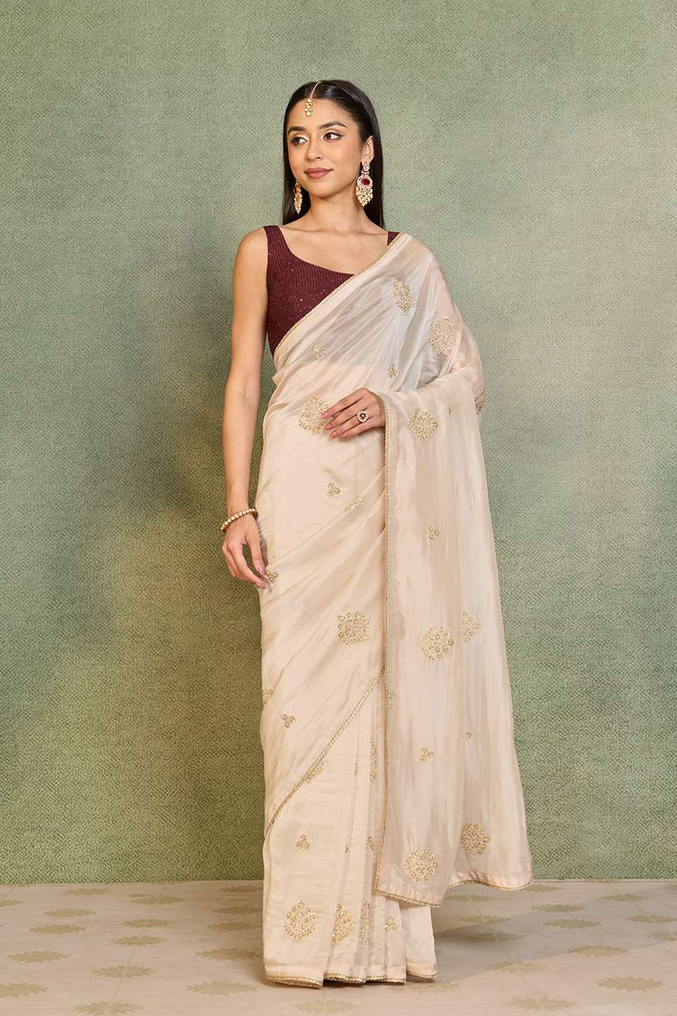 Off White Pure Viscose Embroidered Saree