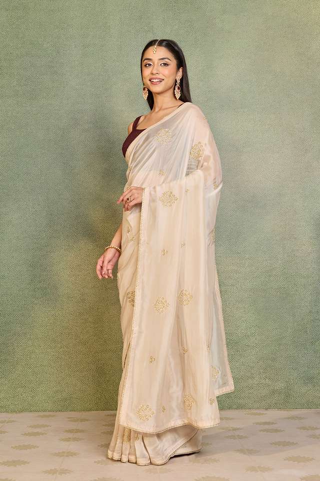 Off White Pure Viscose Embroidered Saree thumbnail image number null