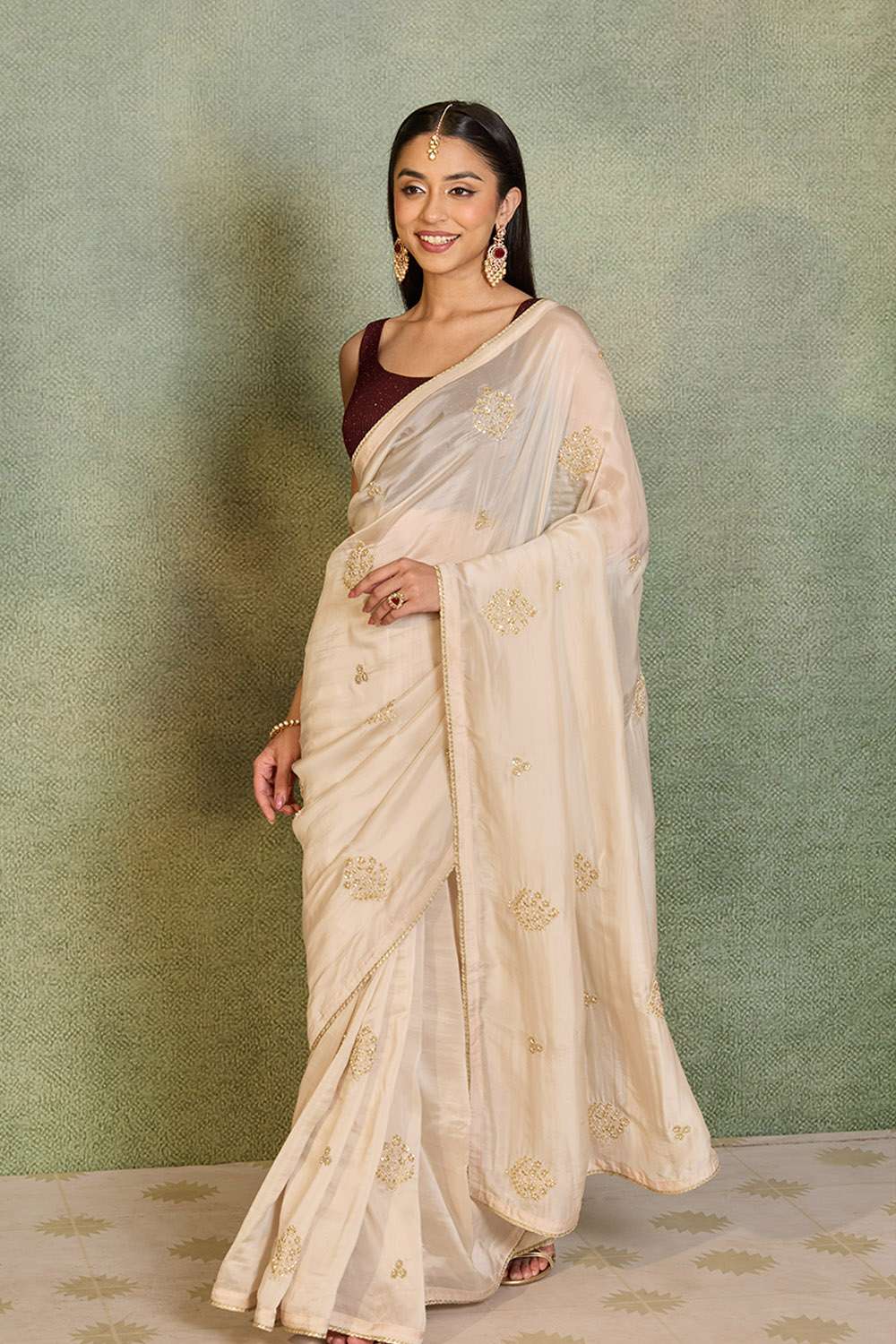 Off White Pure Viscose Embroidered Saree image number null