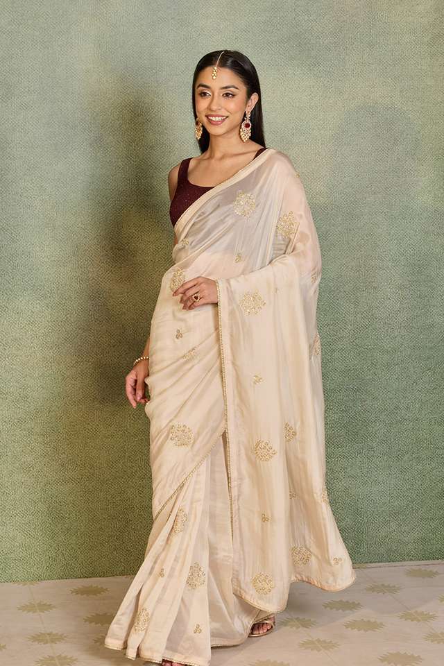 Off White Pure Viscose Embroidered Saree thumbnail image number null