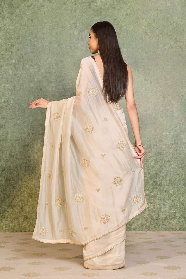 Off White Pure Viscose Embroidered Saree thumbnail image number null