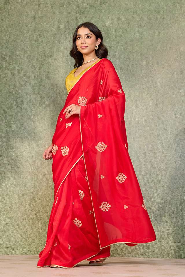 Red Pure Viscose Embroidered Saree thumbnail image number null