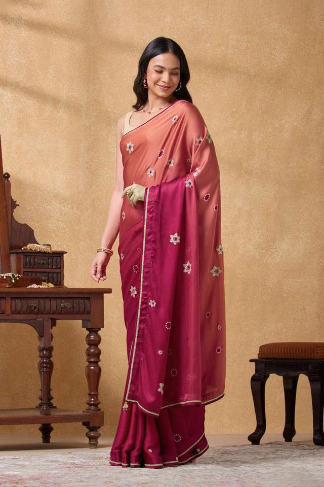 Light Pink Viscose Satin Embroidered Saree image number