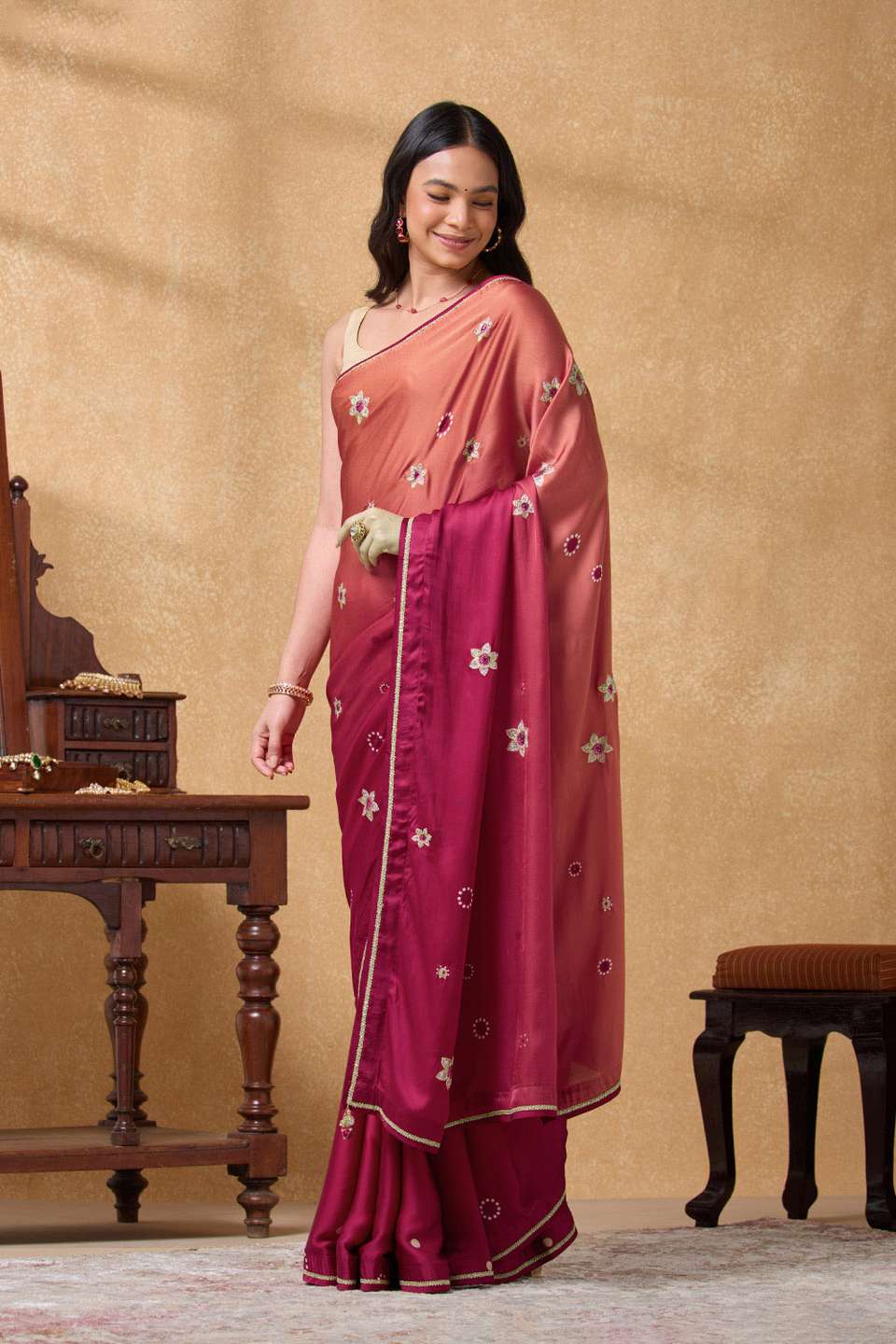 Light Pink Viscose Satin Embroidered Saree