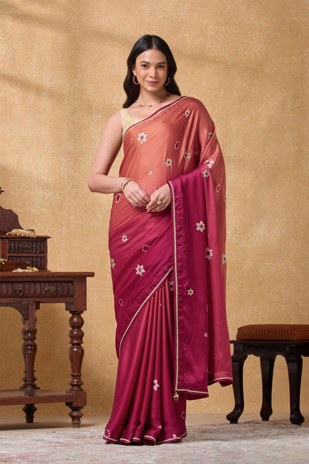 Light Pink Viscose Satin Embroidered Saree image number null