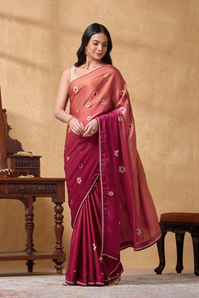 Light Pink Viscose Satin Embroidered Saree thumbnail image number null