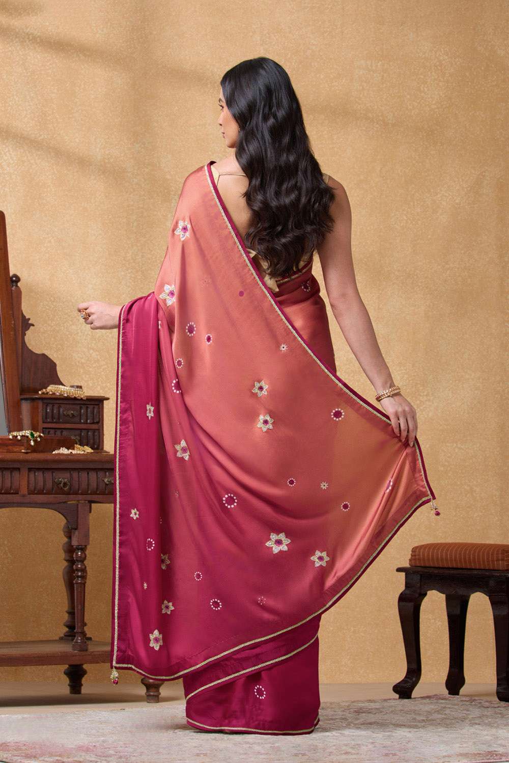 Light Pink Viscose Satin Embroidered Saree image number null