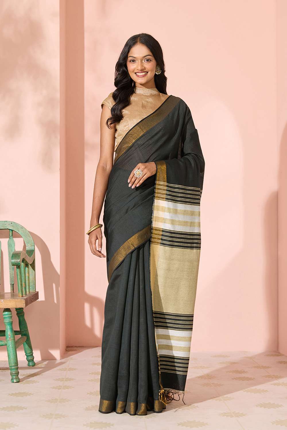 Black Woven Silk Viscose Bhagalpur Saree image number null
