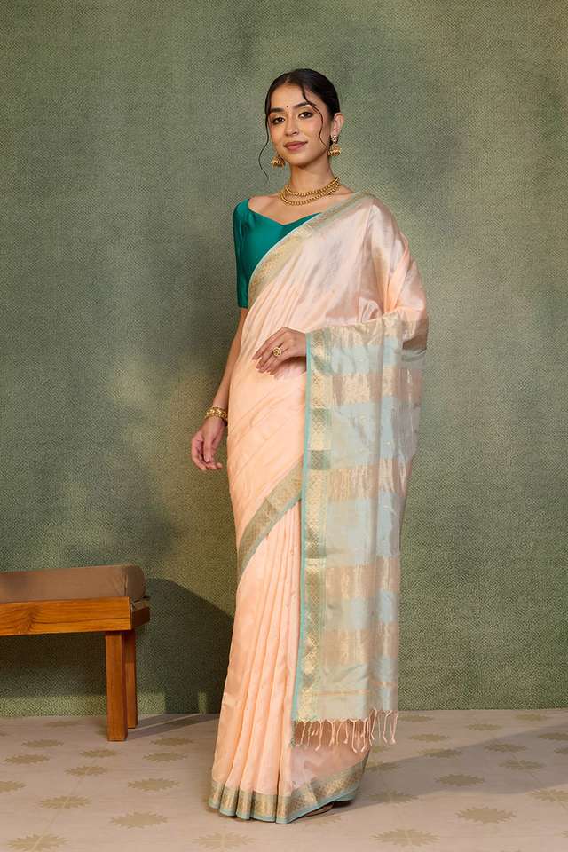 Light Orange Woven Pure Silk Maheshwari Saree thumbnail image number null