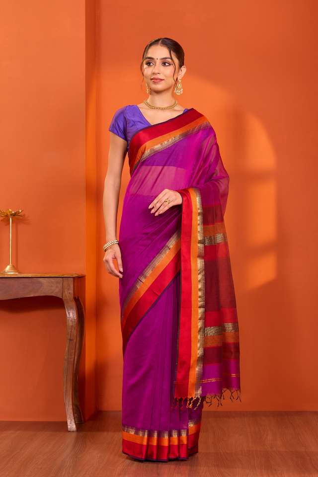 Violet Woven Pure Silk Cotton Maheshwari Saree image number