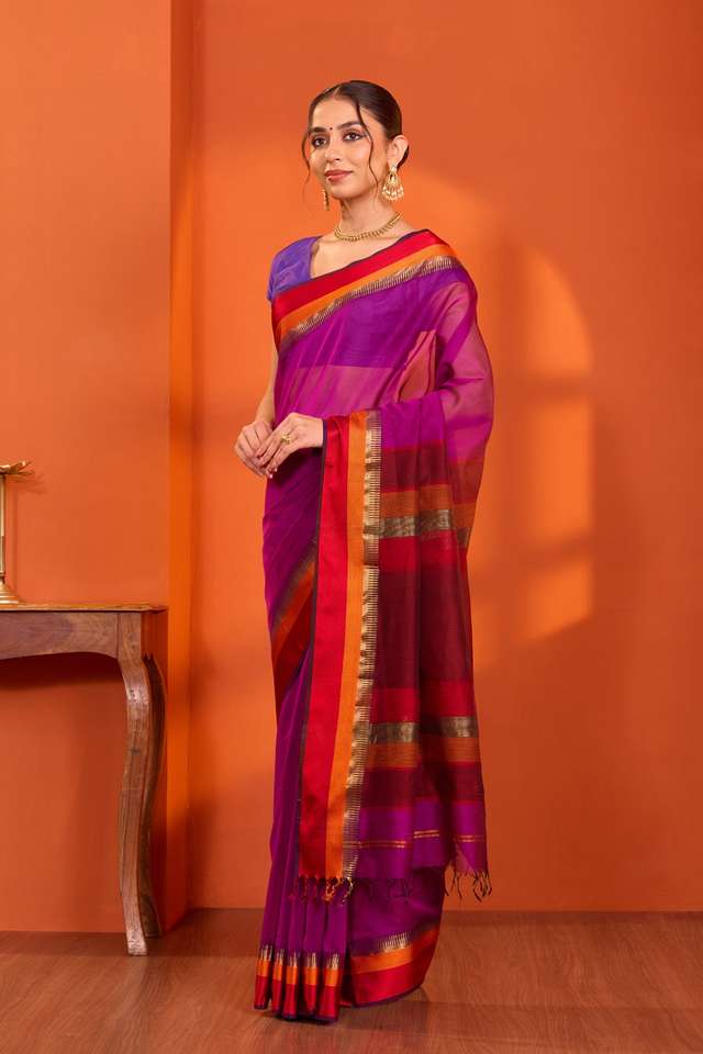 Violet Woven Pure Silk Cotton Maheshwari Saree thumbnail image number null