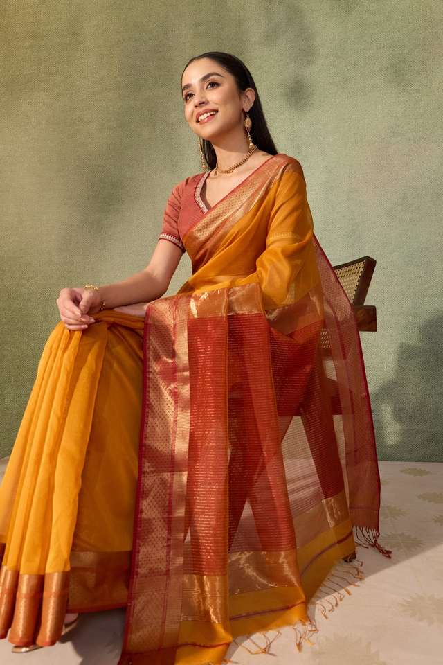 Dark Orange Woven Pure Silk Cotton Maheshwari Saree image number