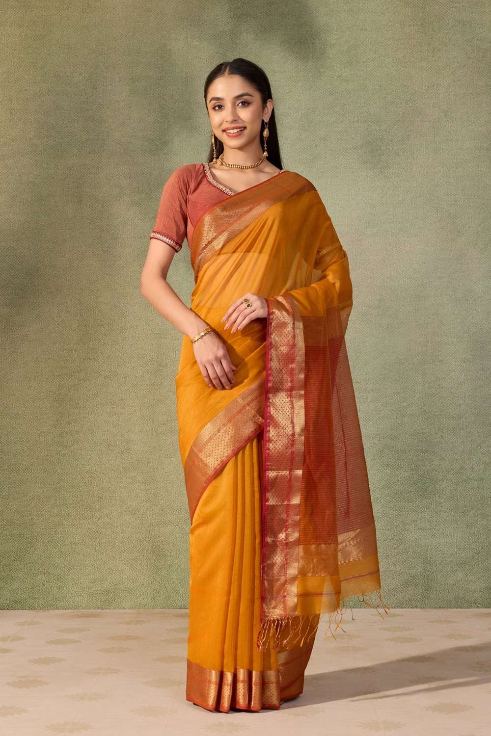 Dark Orange Woven Pure Silk Cotton Maheshwari Saree image number null