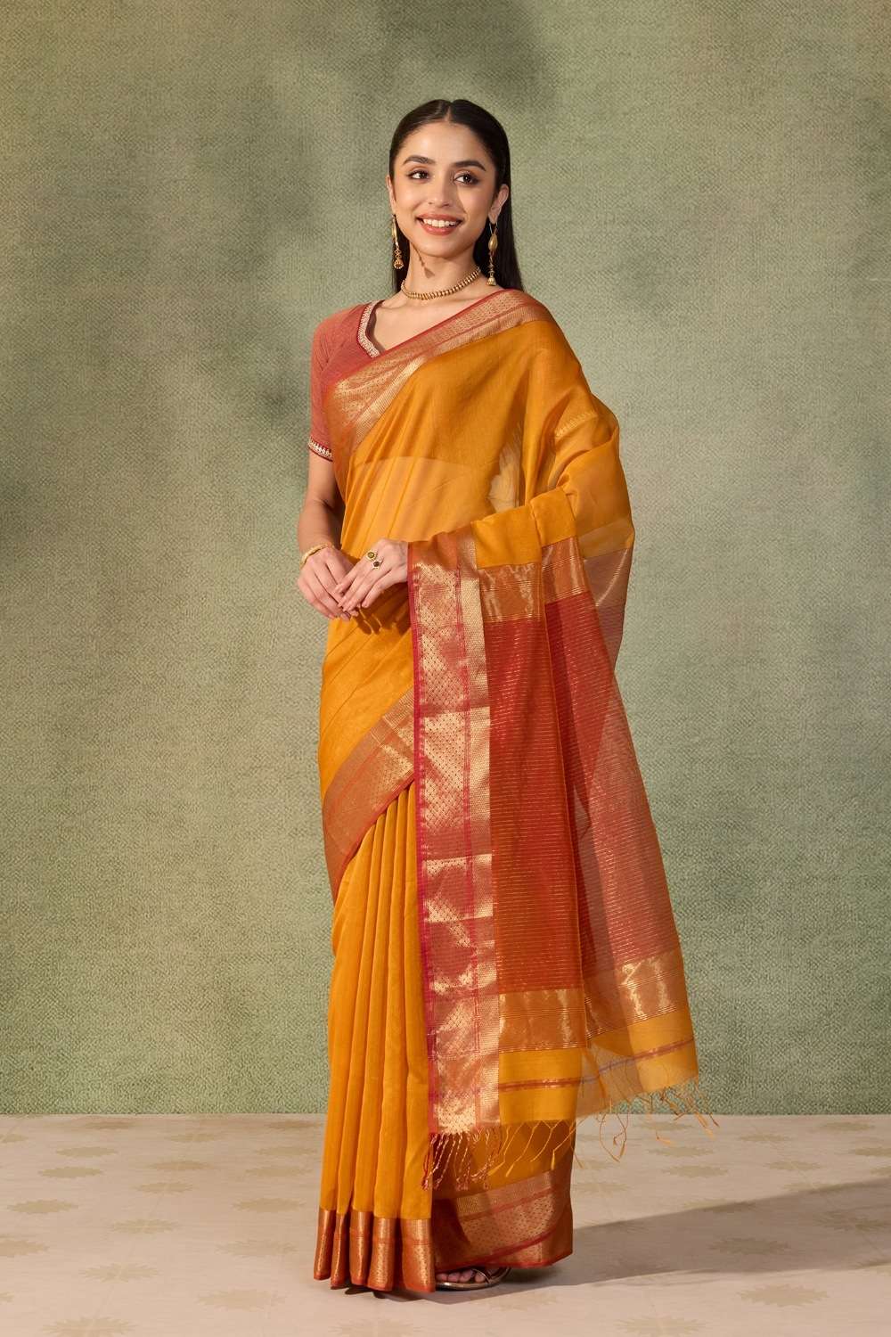 Dark Orange Woven Pure Silk Cotton Maheshwari Saree image number null