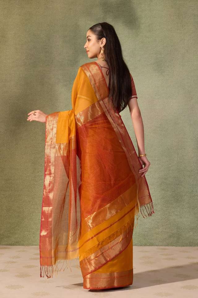 Dark Orange Woven Pure Silk Cotton Maheshwari Saree thumbnail image number null