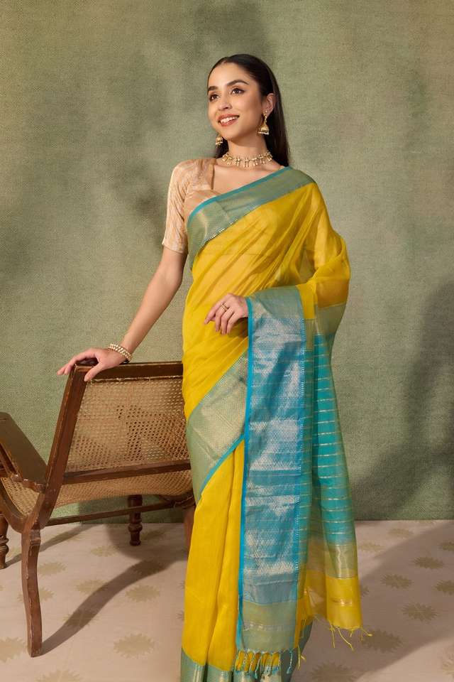 Yellow Woven Pure Silk Cotton Maheshwari Saree image number