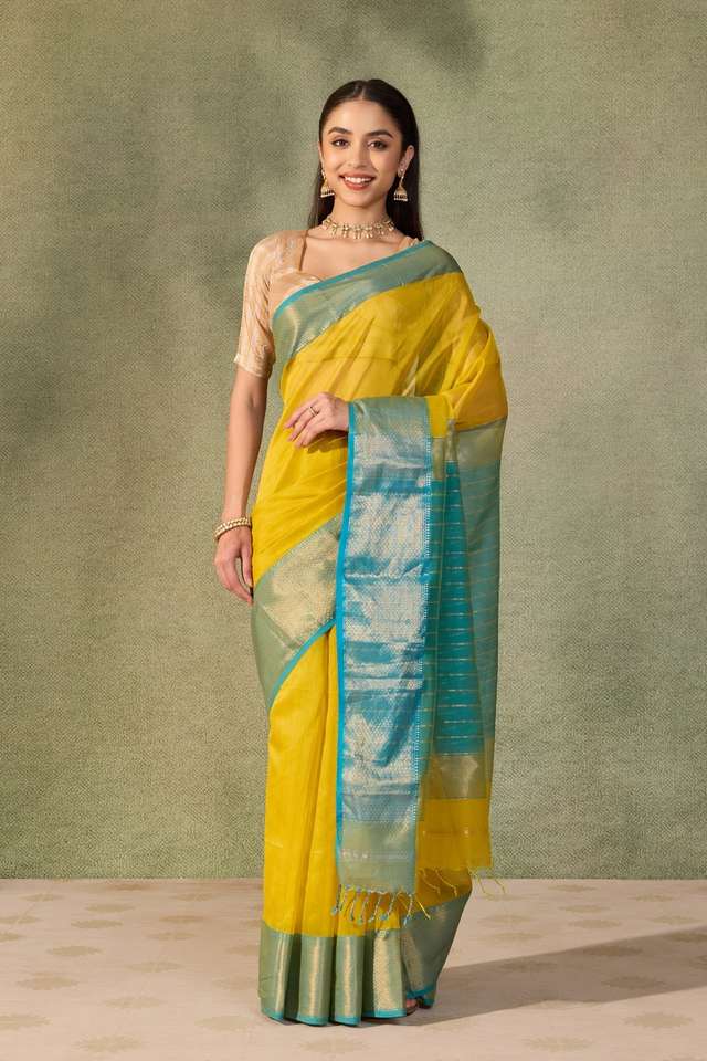 Yellow Woven Pure Silk Cotton Maheshwari Saree thumbnail image number null