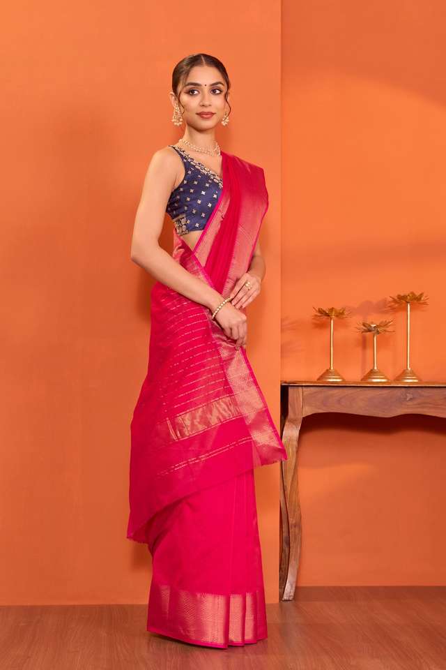Pink Woven Pure Silk Cotton Maheshwari Saree thumbnail image number null