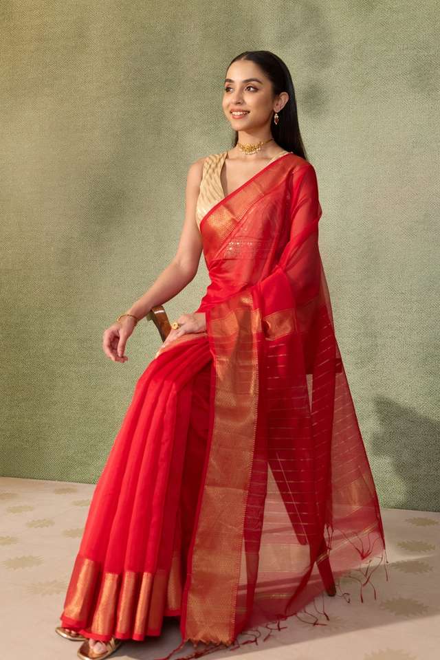 Red Woven Pure Silk Cotton Maheshwari Saree image number