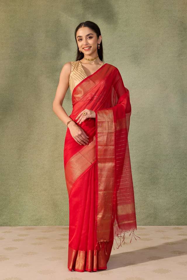 Red Woven Pure Silk Cotton Maheshwari Saree thumbnail image number null