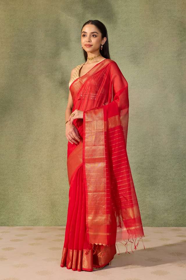 Red Woven Pure Silk Cotton Maheshwari Saree thumbnail image number null