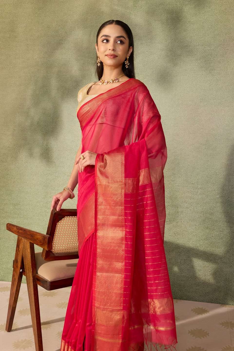 Dark Pink Woven Pure Silk Cotton Maheshwari Saree