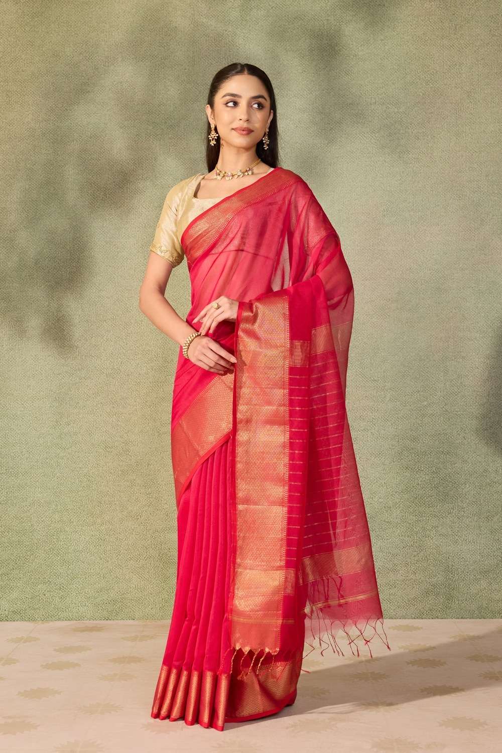 Dark Pink Woven Pure Silk Cotton Maheshwari Saree image number null