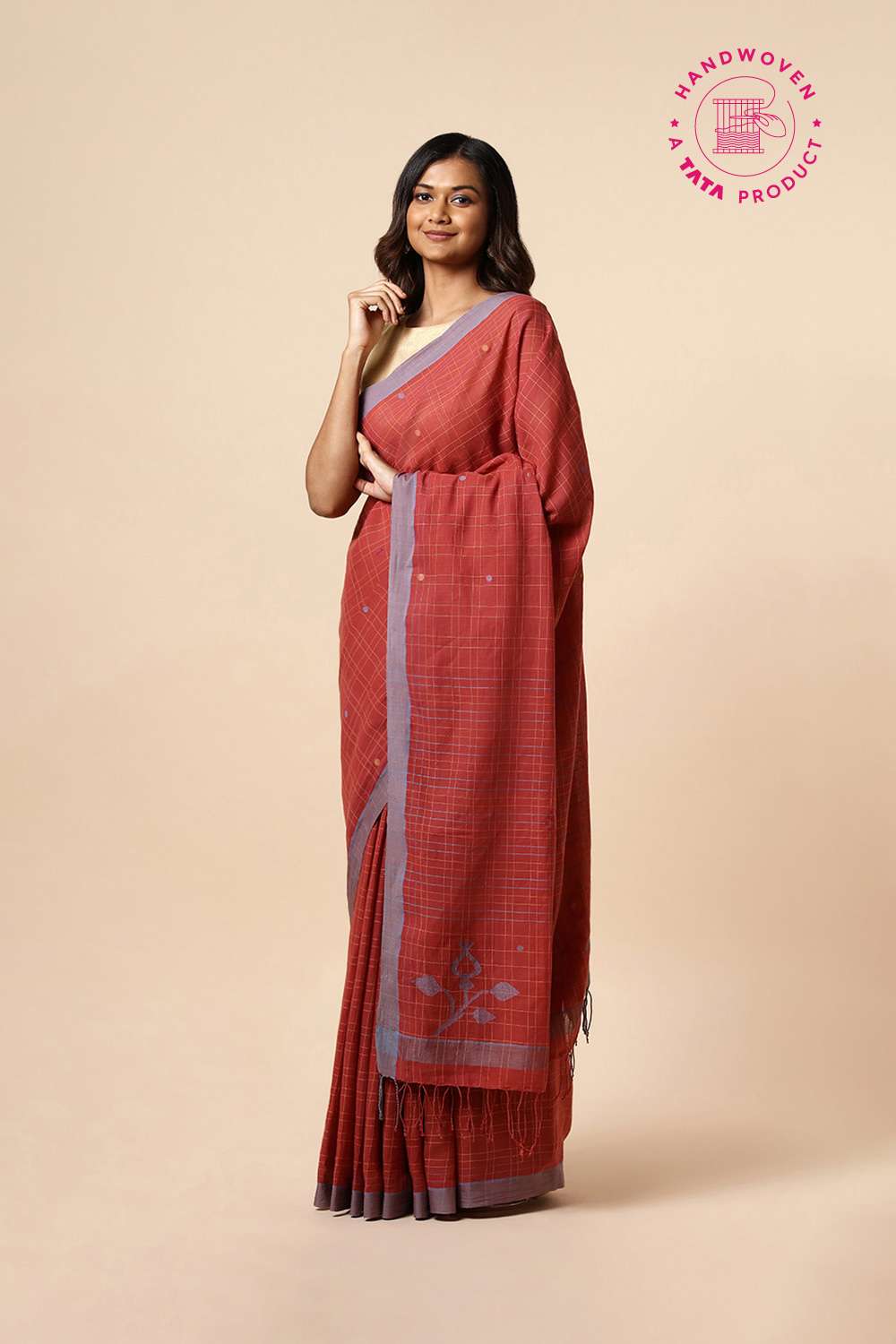 Red Cotton Pure Khadi Jamdani Saree image number null