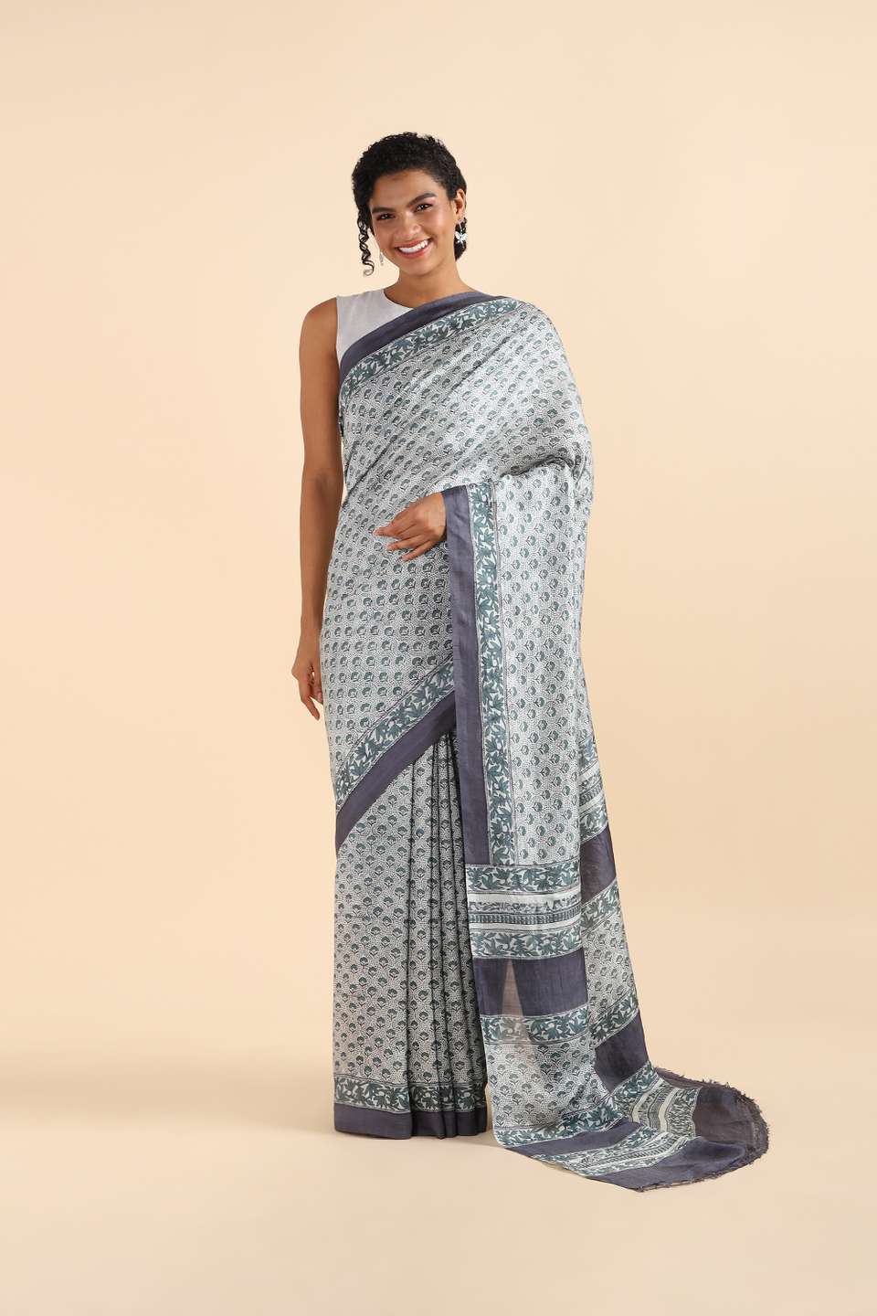 Grey Pure Silk Printed Saree