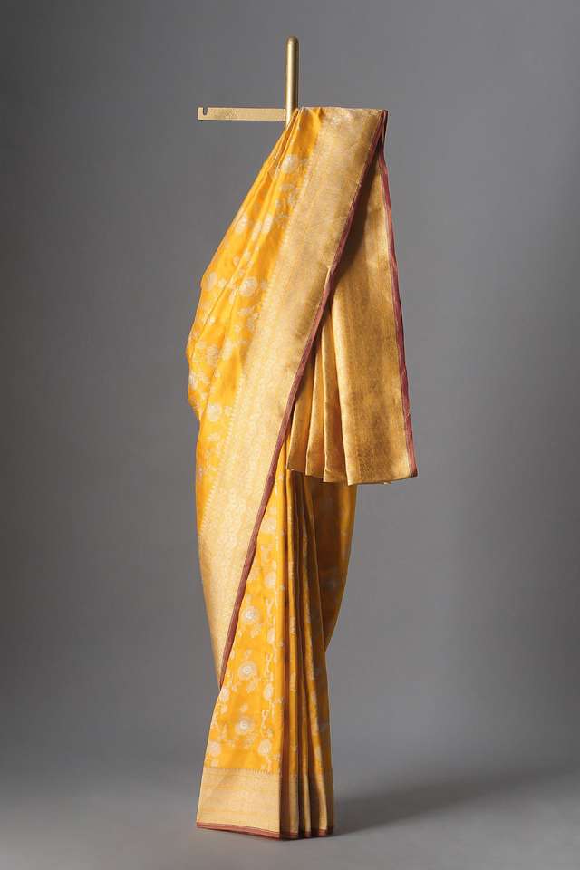Yellow Pure Silk Banarasi Saree image number