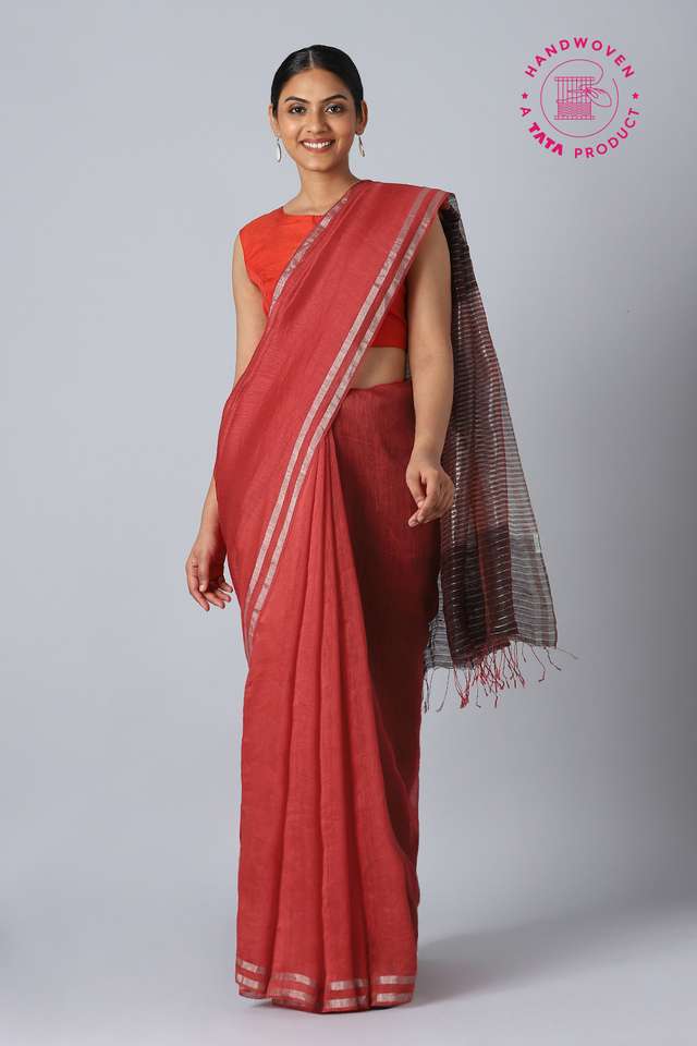 Red Pure Silk Linen Bengal Saree image number