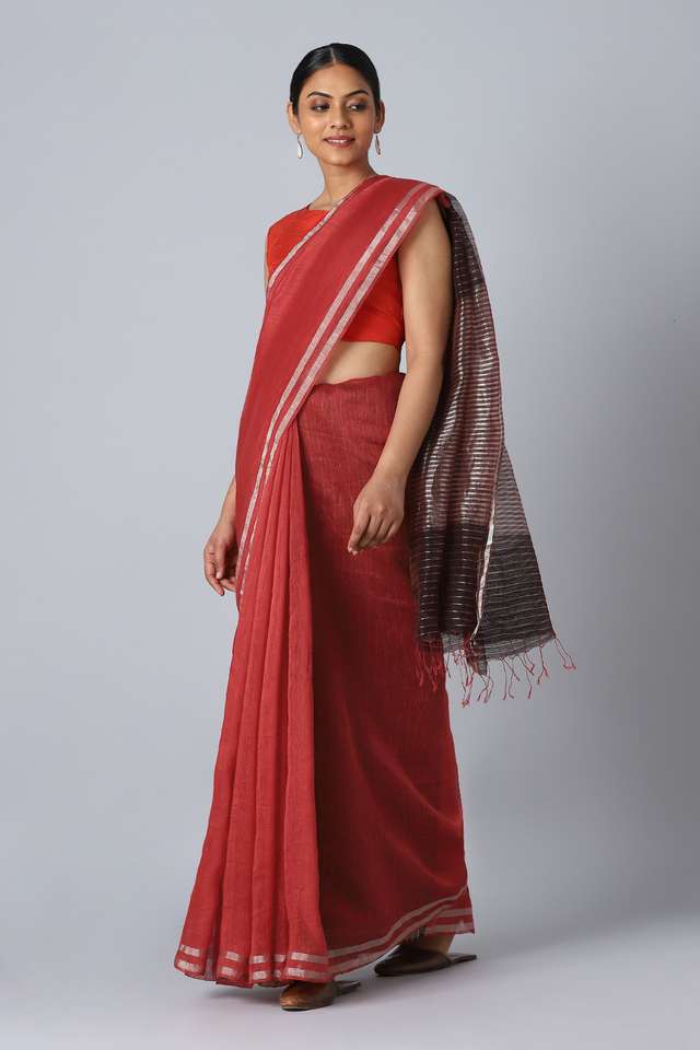Red Pure Silk Linen Bengal Saree thumbnail image number null