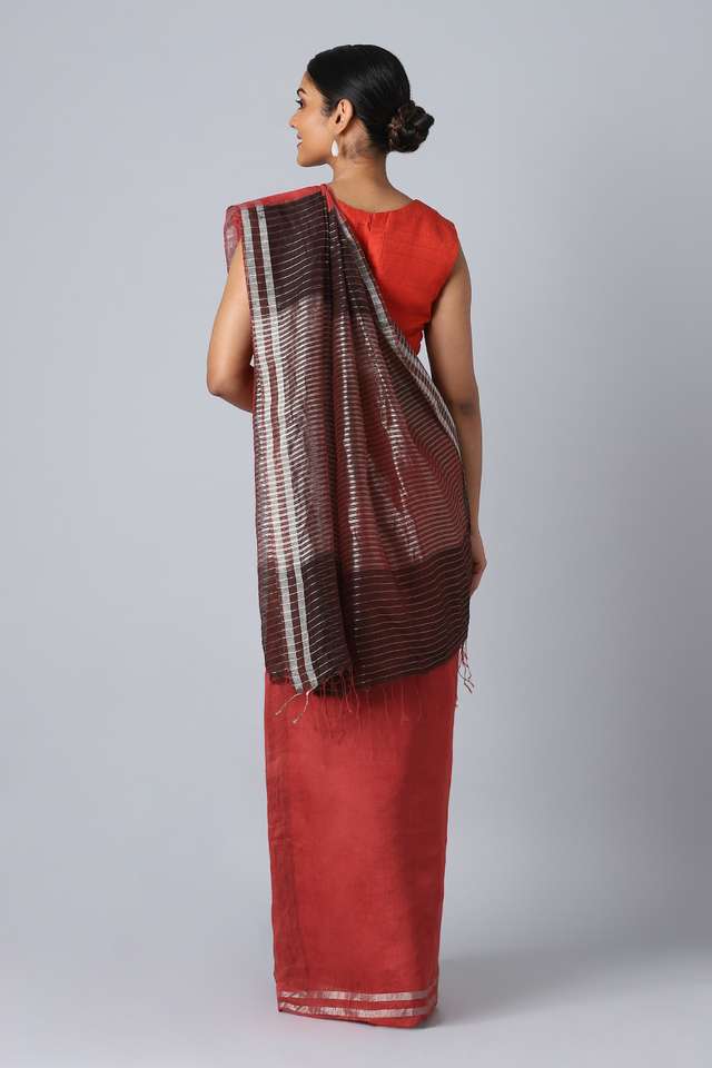 Red Pure Silk Linen Bengal Saree thumbnail image number null