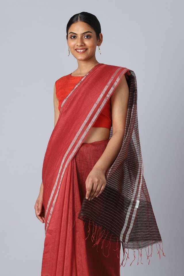 Red Pure Silk Linen Bengal Saree thumbnail image number null