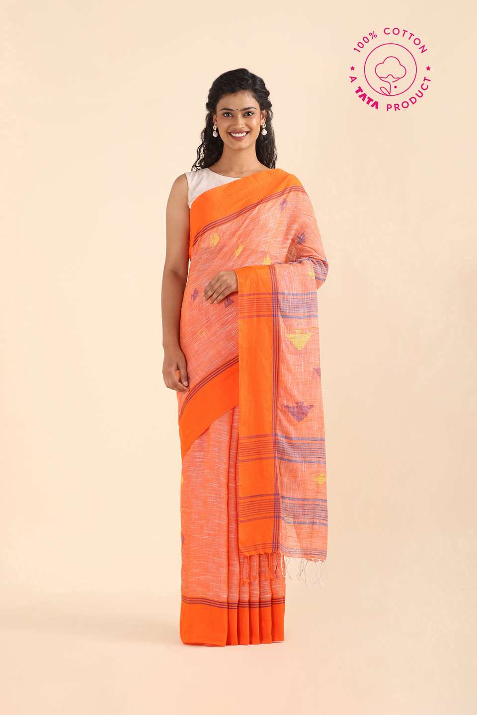 Light Orange Pure Cotton Bengal Saree