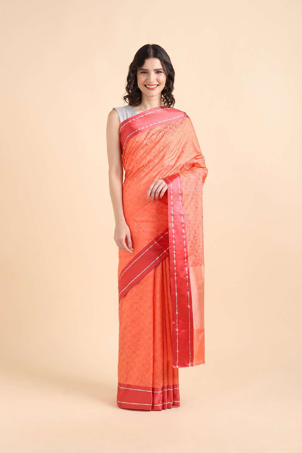 Light Orange Pure Silk Banarasi Tanchoi Saree