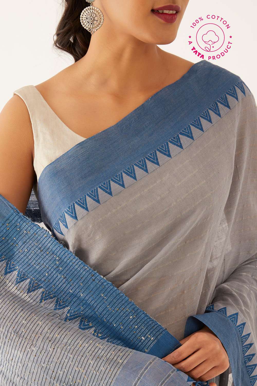Grey Pure Cotton Woven Bengali Saree image number null