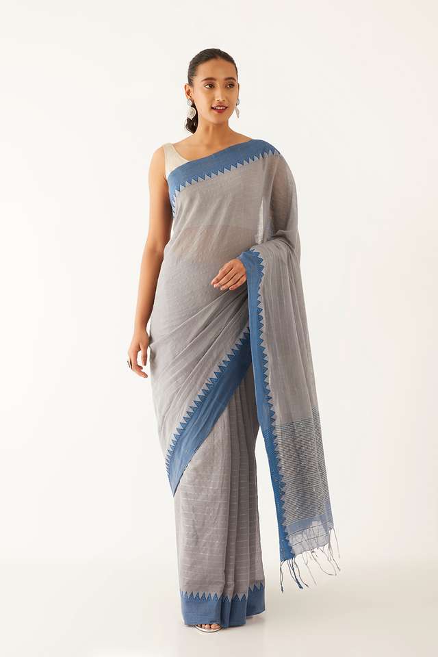 Grey Pure Cotton Woven Bengali Saree thumbnail image number null