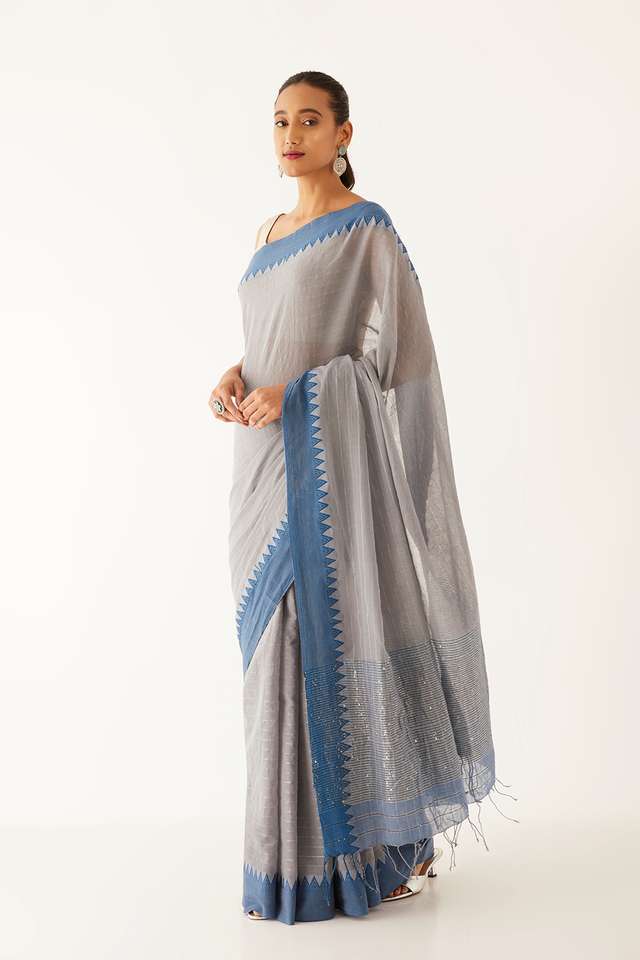 Grey Pure Cotton Woven Bengali Saree thumbnail image number null