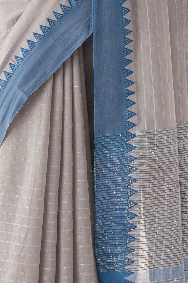 Grey Pure Cotton Woven Bengali Saree thumbnail image number null