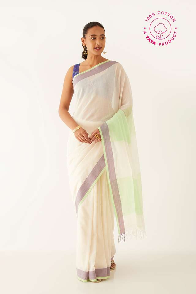 Off White Pure Cotton Bengal Saree image number