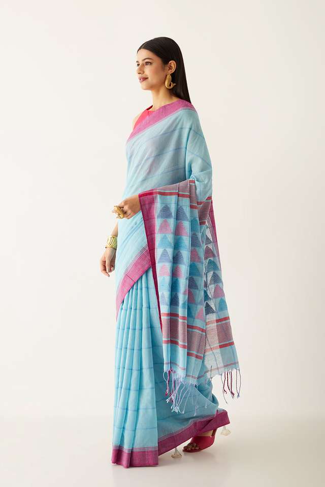 Light Blue Pure Cotton Bengal Saree thumbnail image number null