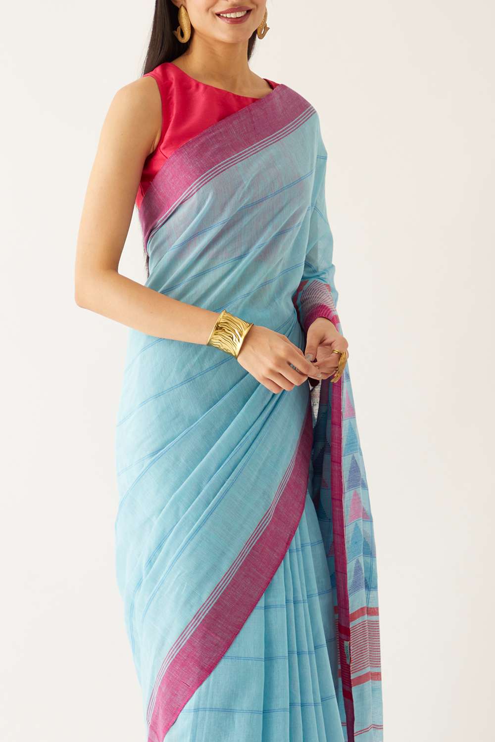 Light Blue Pure Cotton Bengal Saree image number null