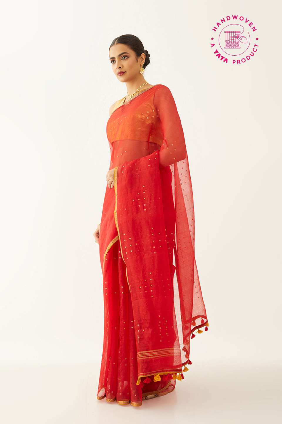 Red Pure Silk Organza Woven Saree