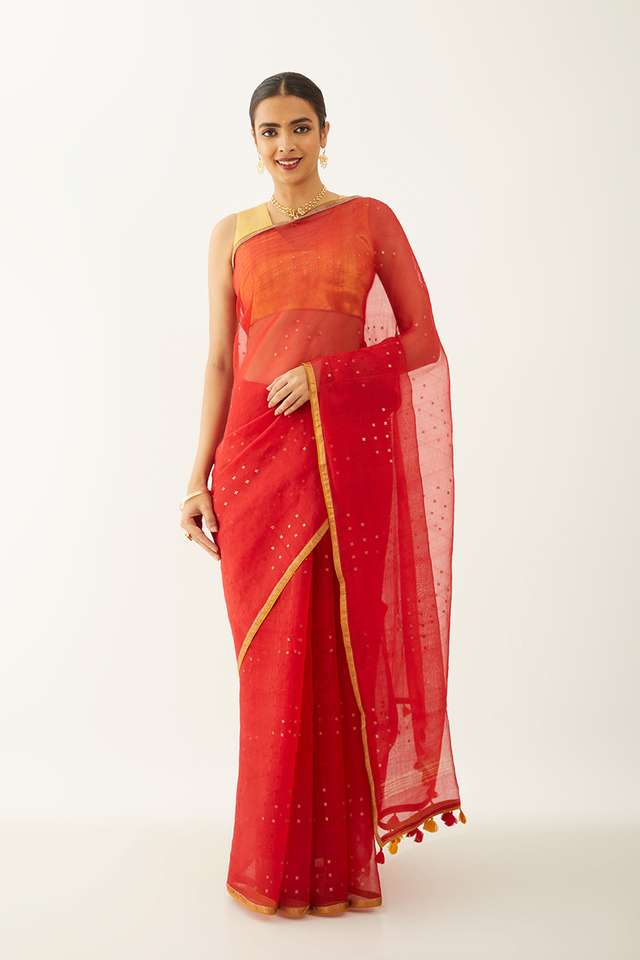 Red Pure Silk Organza Woven Saree thumbnail image number null